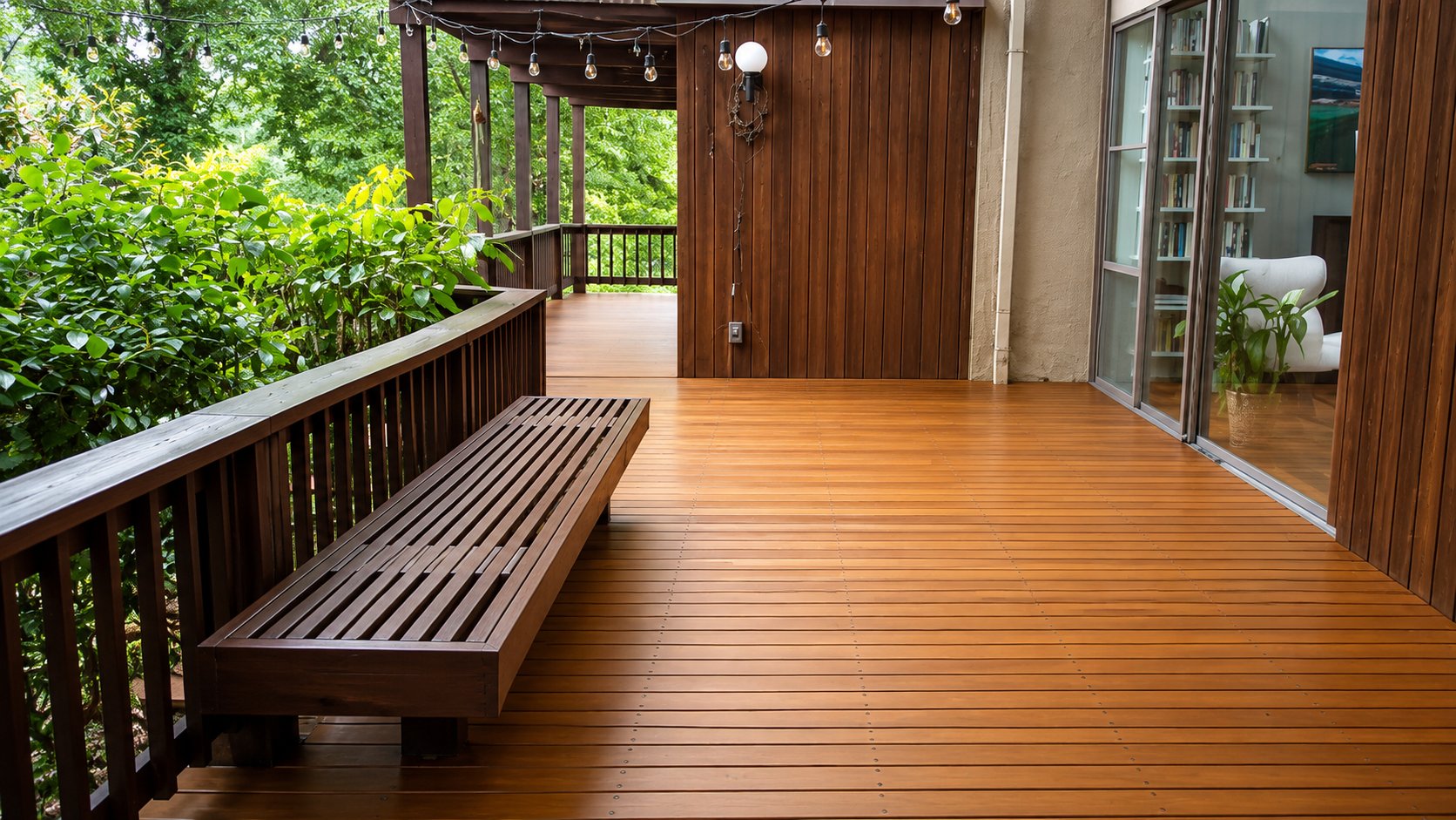 Wood deck stairs descending into hillside backyard, dark stained railings, Los Angeles