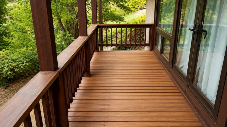 Stained wood deck railing with vertical balusters and cap rail