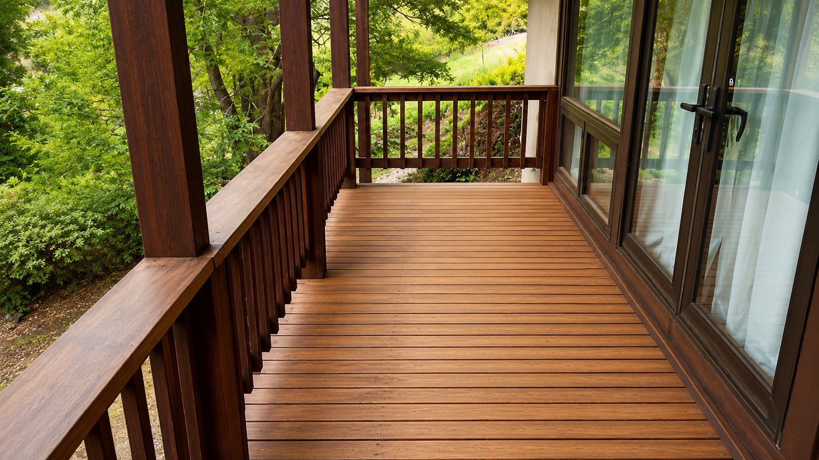 Detail of stained wood deck railing system, cap rail and vertical balusters, LA