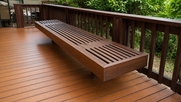 Hardwood deck detail with stained wood railing and hillside landscape, LA
