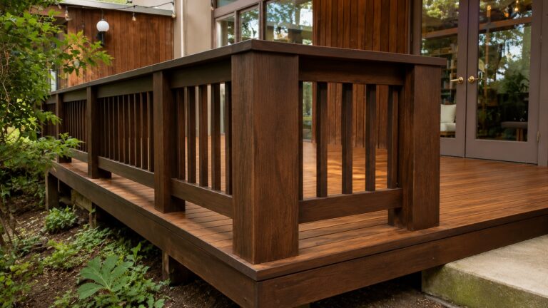 Wood deck stair base detail with steel post brackets on concrete footings