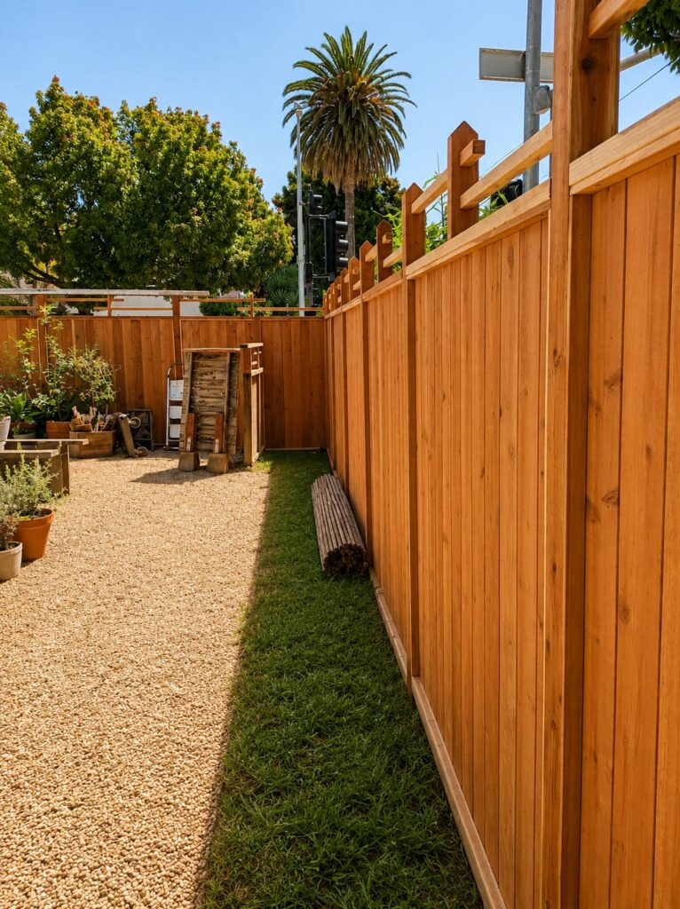 Premium redwood vertical-board privacy fence with decorative open-top frame, Los Angeles backyard