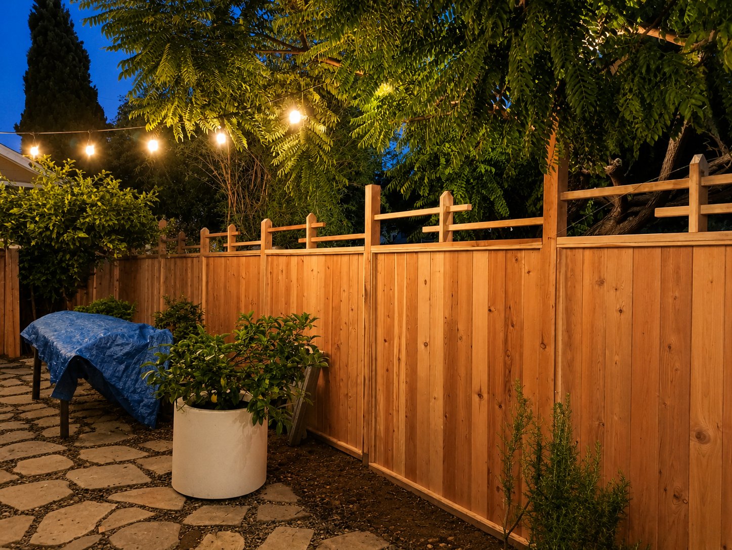 Corner detail of redwood privacy fence with decorative trim band and spaced top pickets, LA
