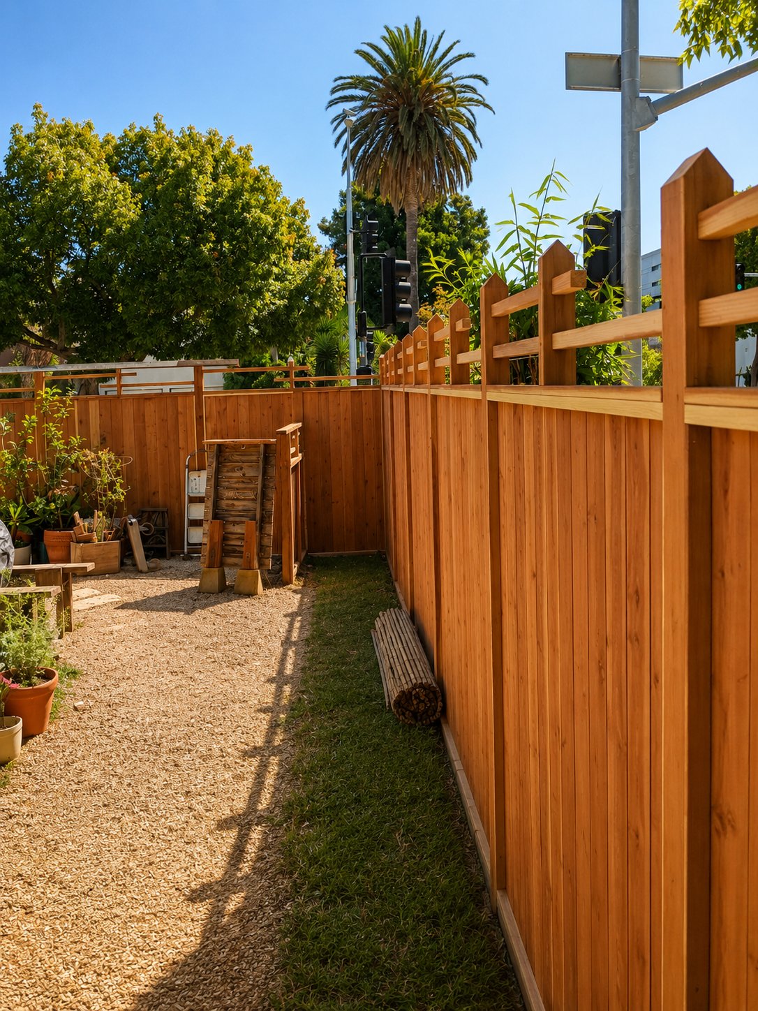Long run of redwood fence along driveway with mature garden and palm trees, LA