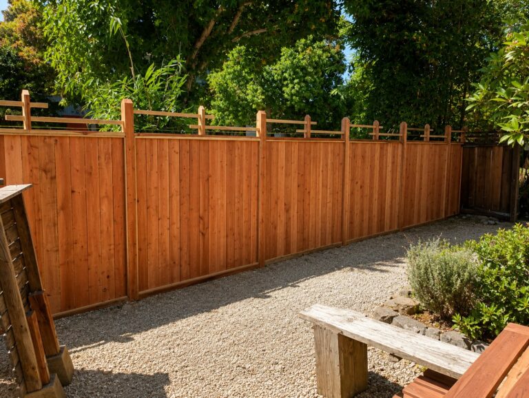 Redwood fence framing LA backyard garden patio
