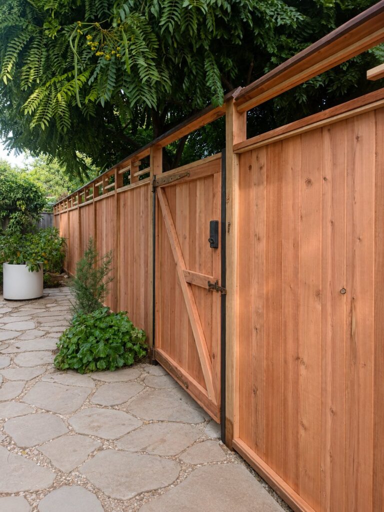 Decorative open-top frame of redwood fence, craftsman accent, LA
