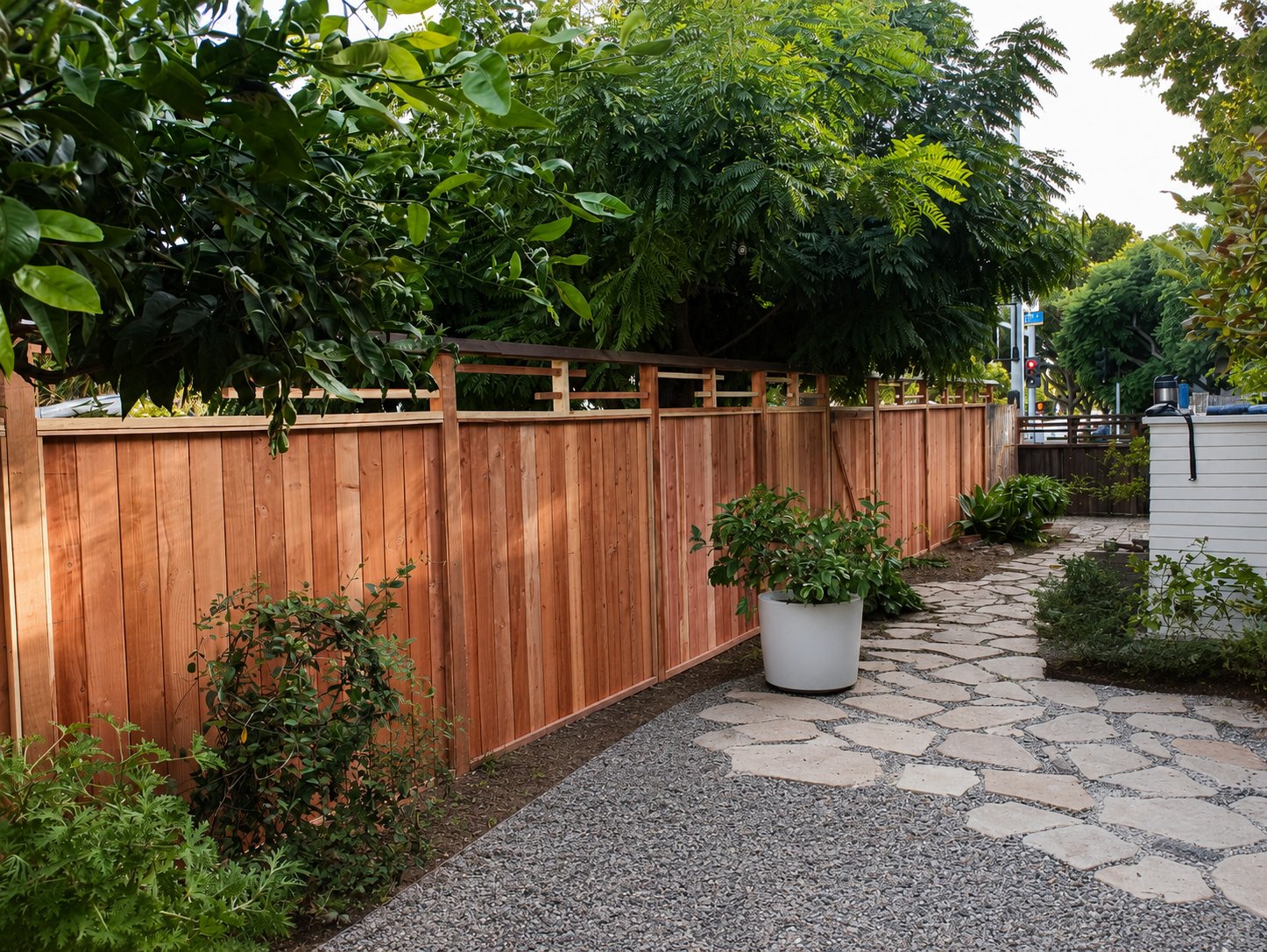 Perspective view of redwood fence next to flagstone garden path, LA