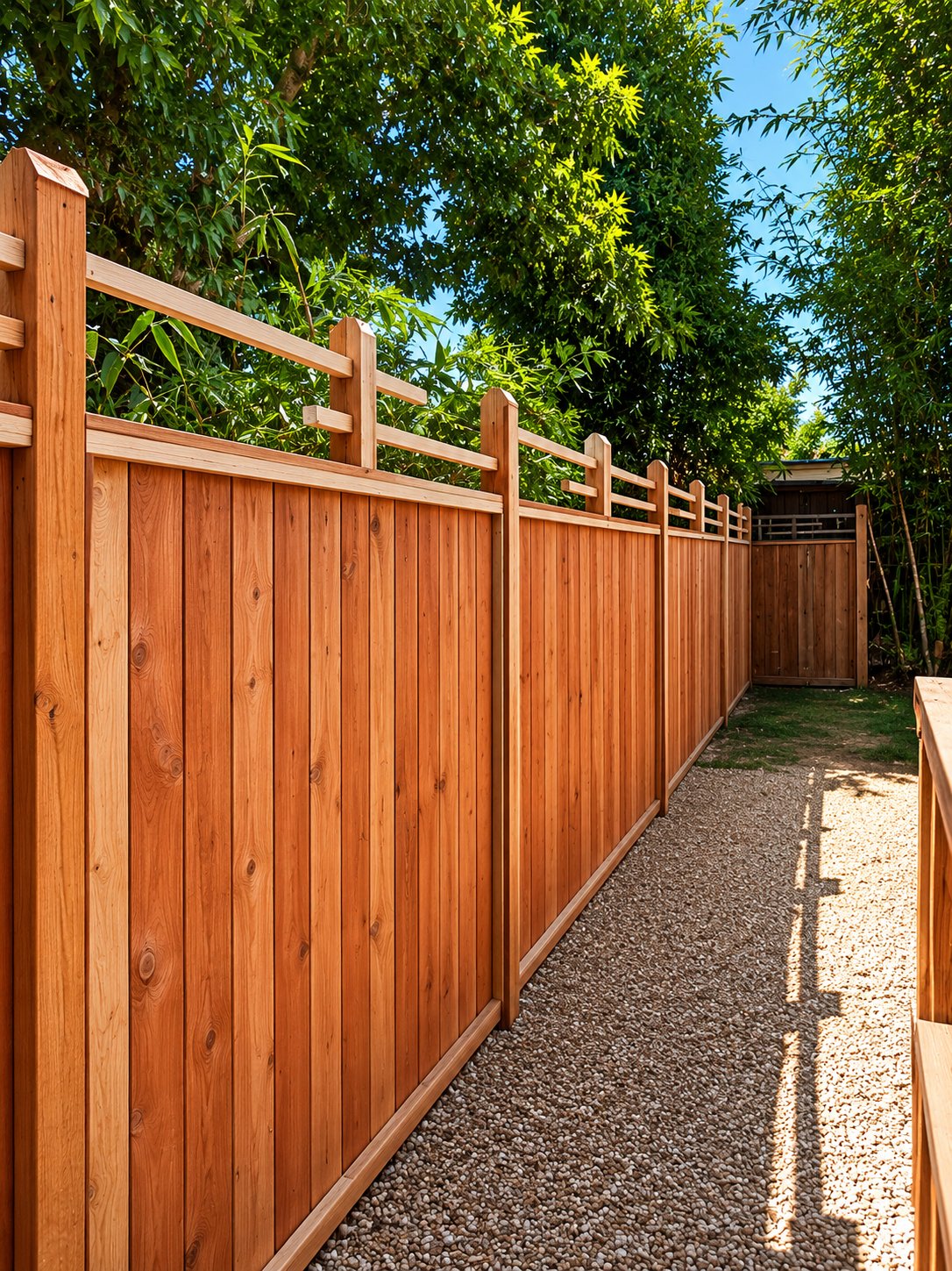Long redwood fence with decorative top viewed from gravel garden path, LA premium home