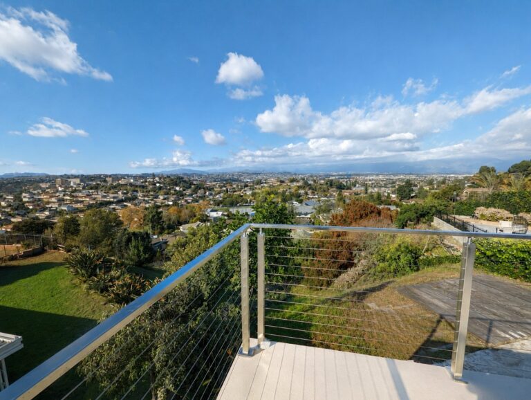 Stainless cable railing corner view on hillside terrace — Los Angeles by ProHands