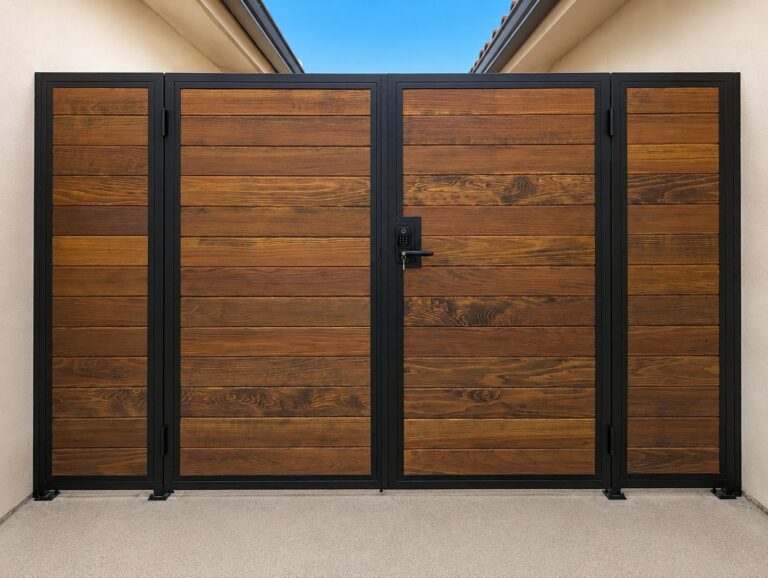 Front-on view of double-leaf steel-frame wood gate, LA