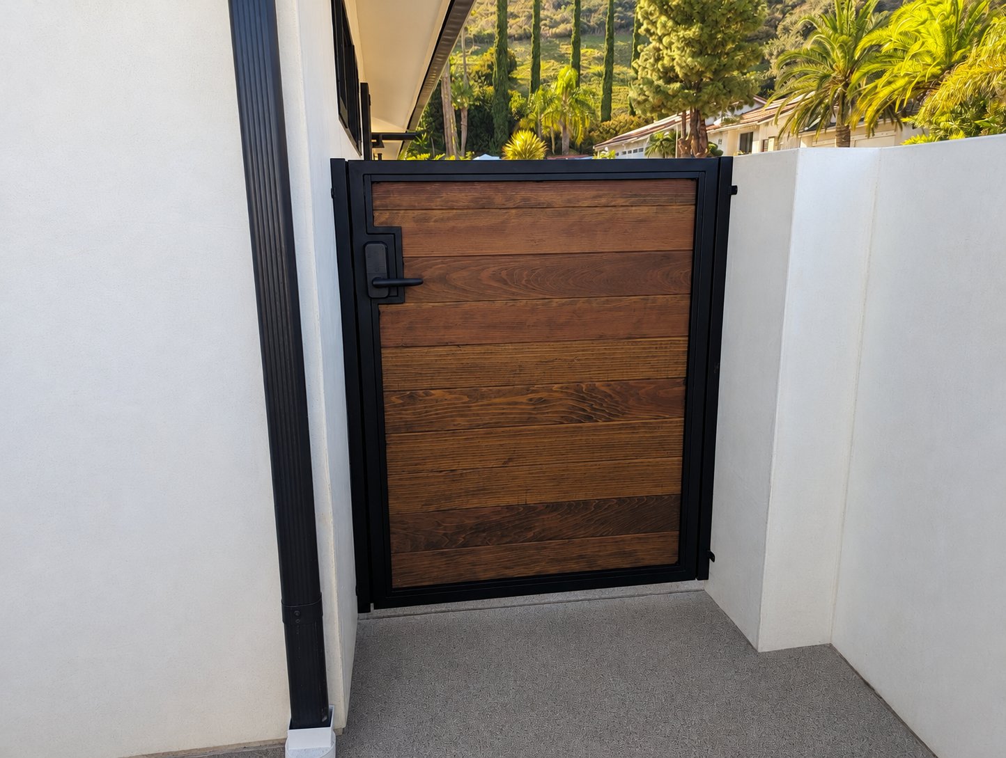 Tall single-leaf side access gate, black steel frame and dark horizontal wood infill, modern handle