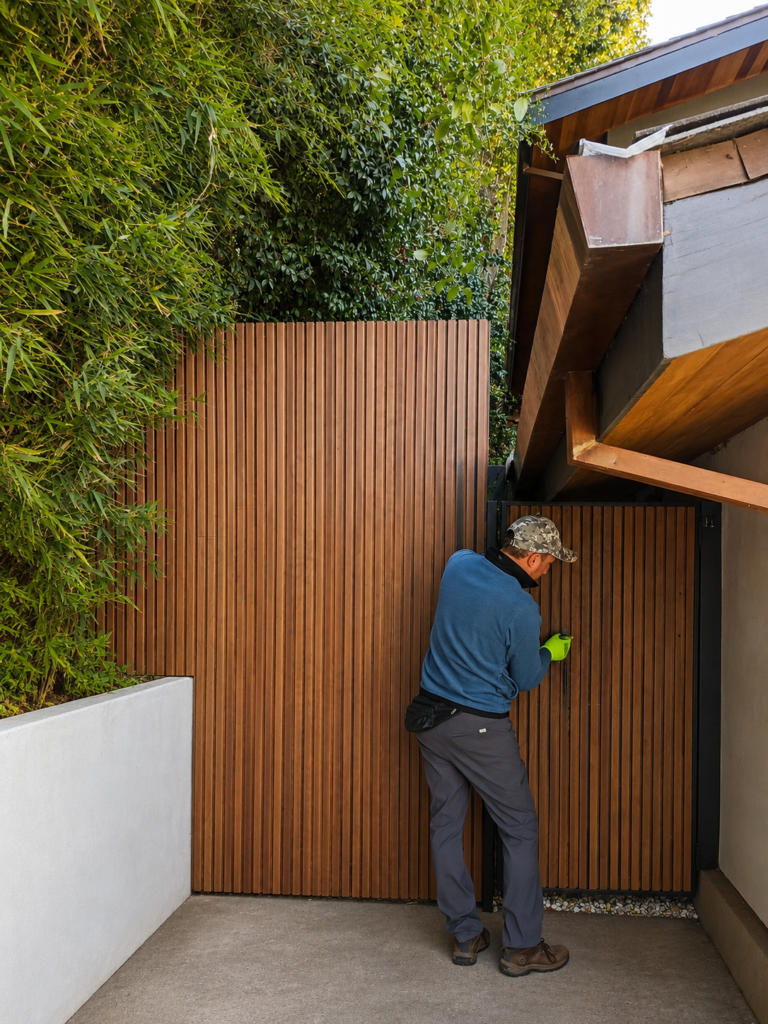 ProHands technician installing a custom redwood slat gate on a modern Los Angeles home