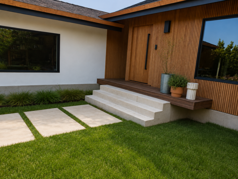 Redwood slat siding at front entry with concrete steps and floating bench — ProHands Los Angeles