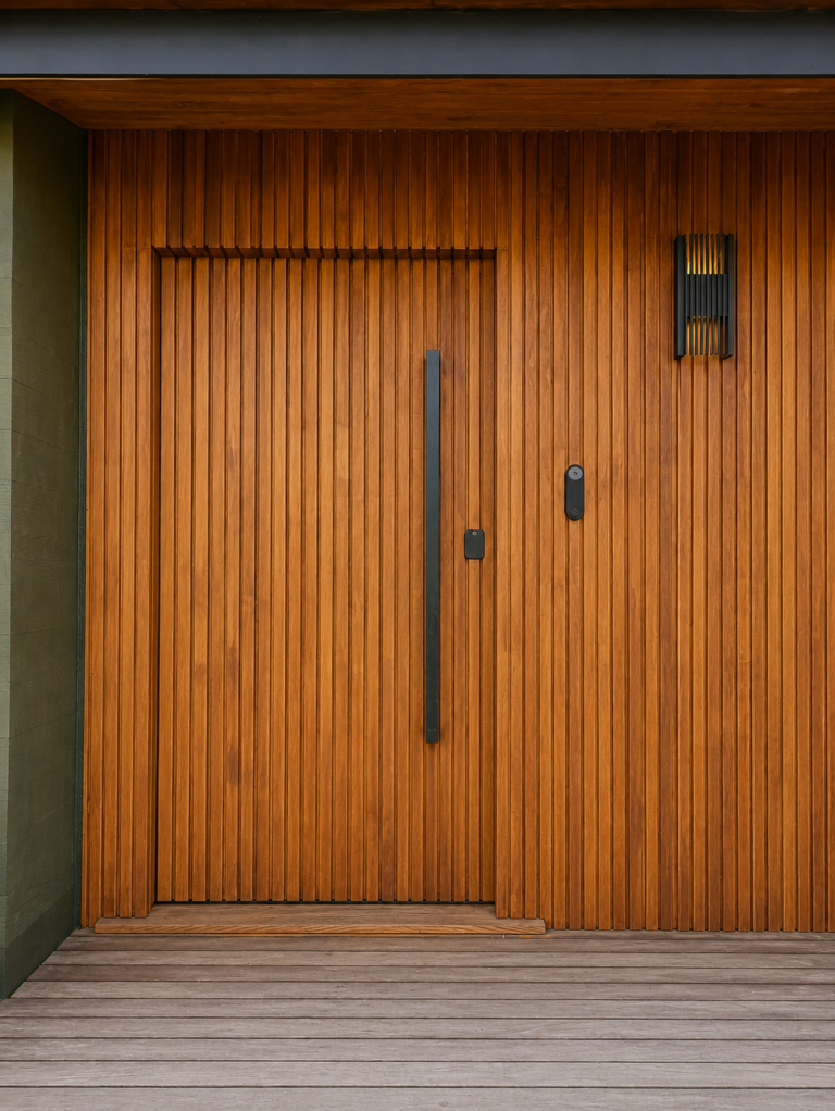 Hidden front door clad in narrow redwood slats with full-height black pull handle — ProHands Los Angeles