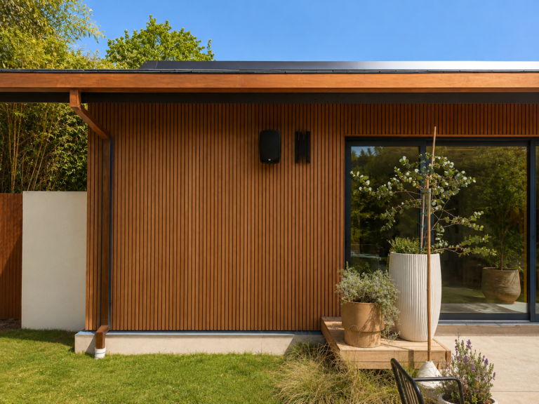 Full-height redwood slat exterior wall with black window frames and garden — ProHands Los Angeles