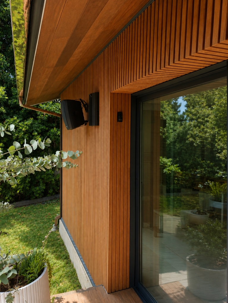 Redwood slat siding with matching redwood soffit and mitered corner detail — Los Angeles ProHands