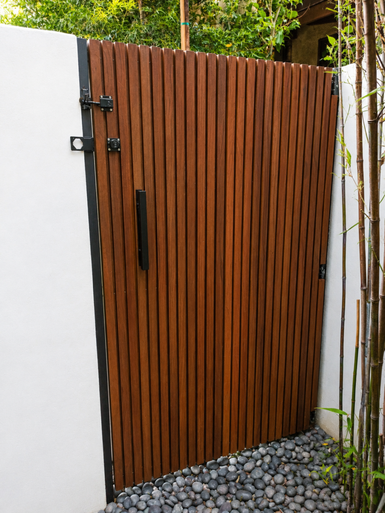 Custom redwood slat gate with matte-black steel hardware, deadbolt, and pull, next to bamboo — Los Angeles ProHands