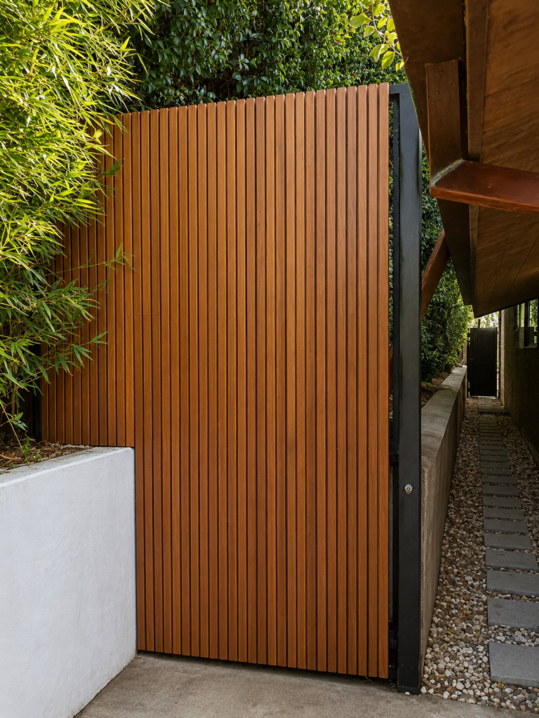 Custom redwood slat gate in a narrow side passage with black steel frame and pebble drainage — Los Angeles ProHands