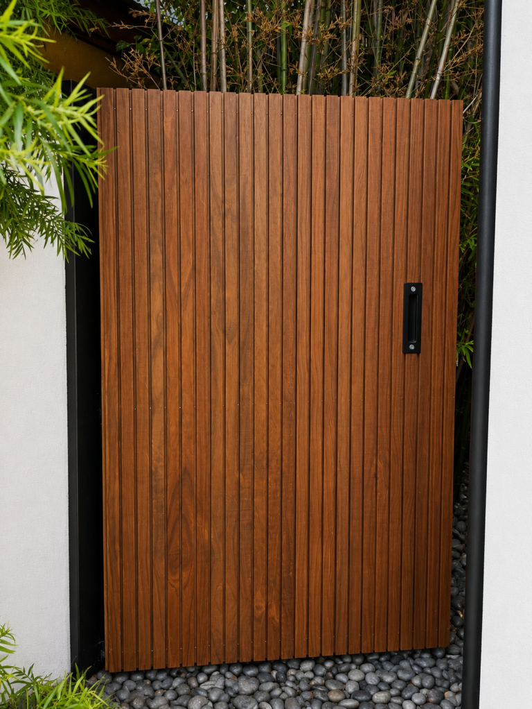 Custom redwood slat gate on black steel frame with matte-black handle and bamboo backdrop — Los Angeles ProHands