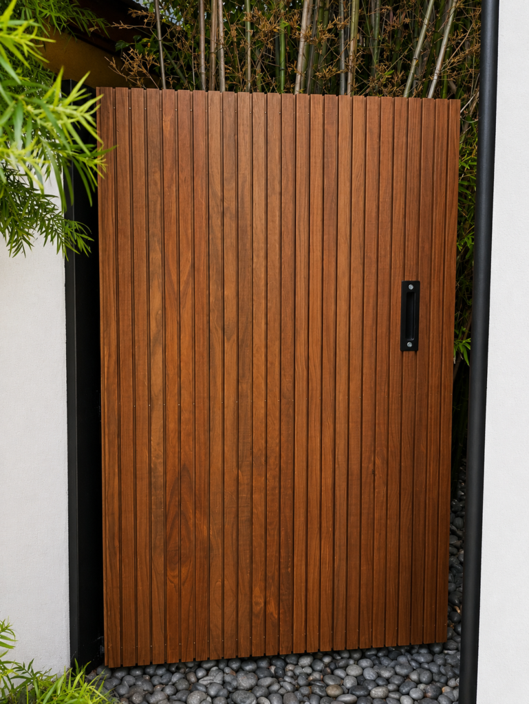 Custom redwood slat gate on black steel frame with matte-black handle and bamboo backdrop — Los Angeles ProHands