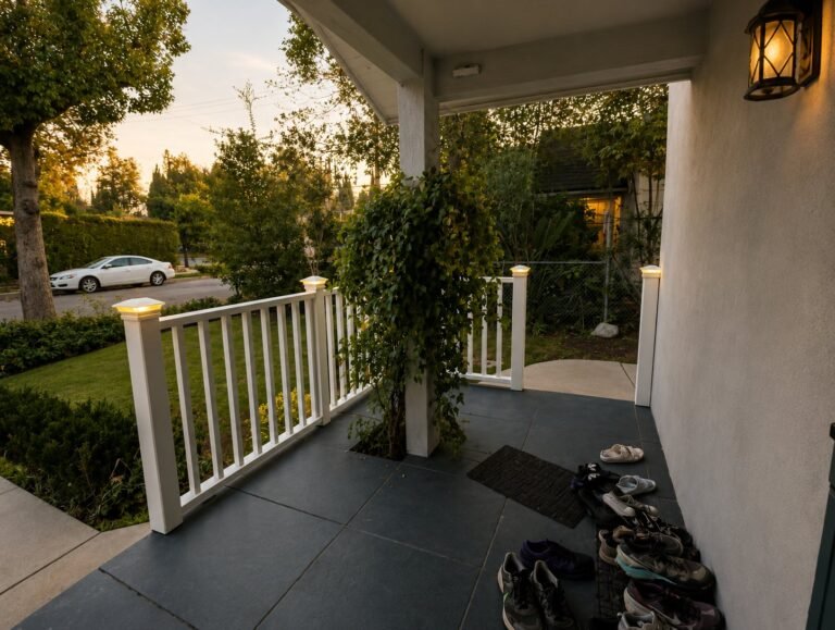 Craftsman-style porch railing with pyramid caps, Los Angeles