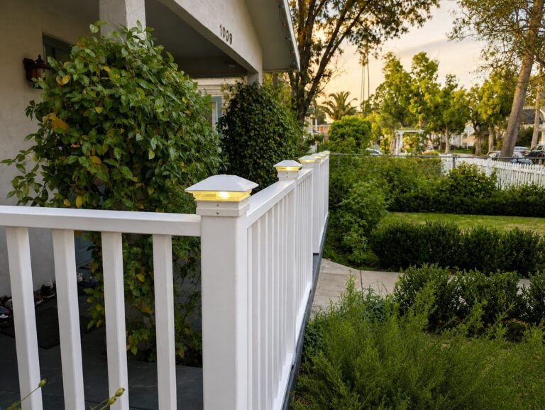 Custom porch railing with solar pyramid post caps, ProHands Los Angeles