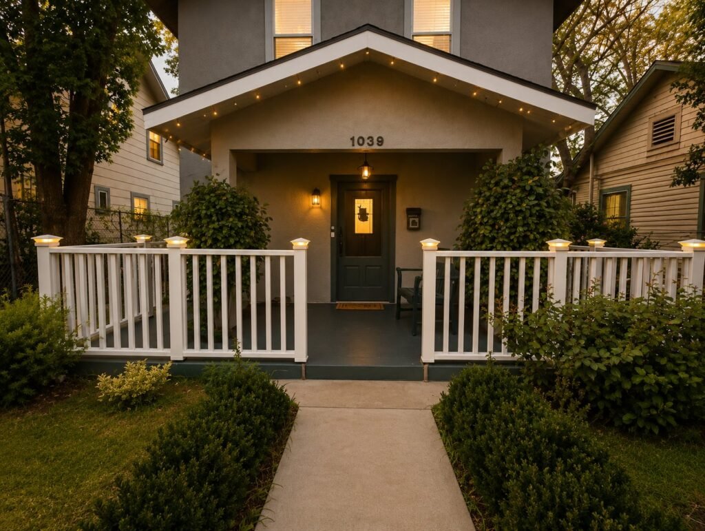 White exterior porch railing modern farmhouse style, Glendale CA