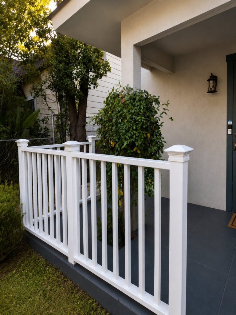 White PVC porch railing on Craftsman bungalow front porch in Glendale CA