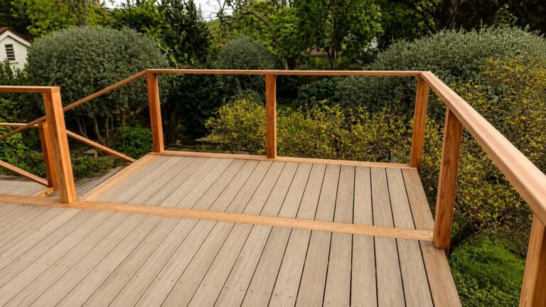 Wide view of rebuilt multi-level hardwood deck with wood-and-cable railing, Pasadena
