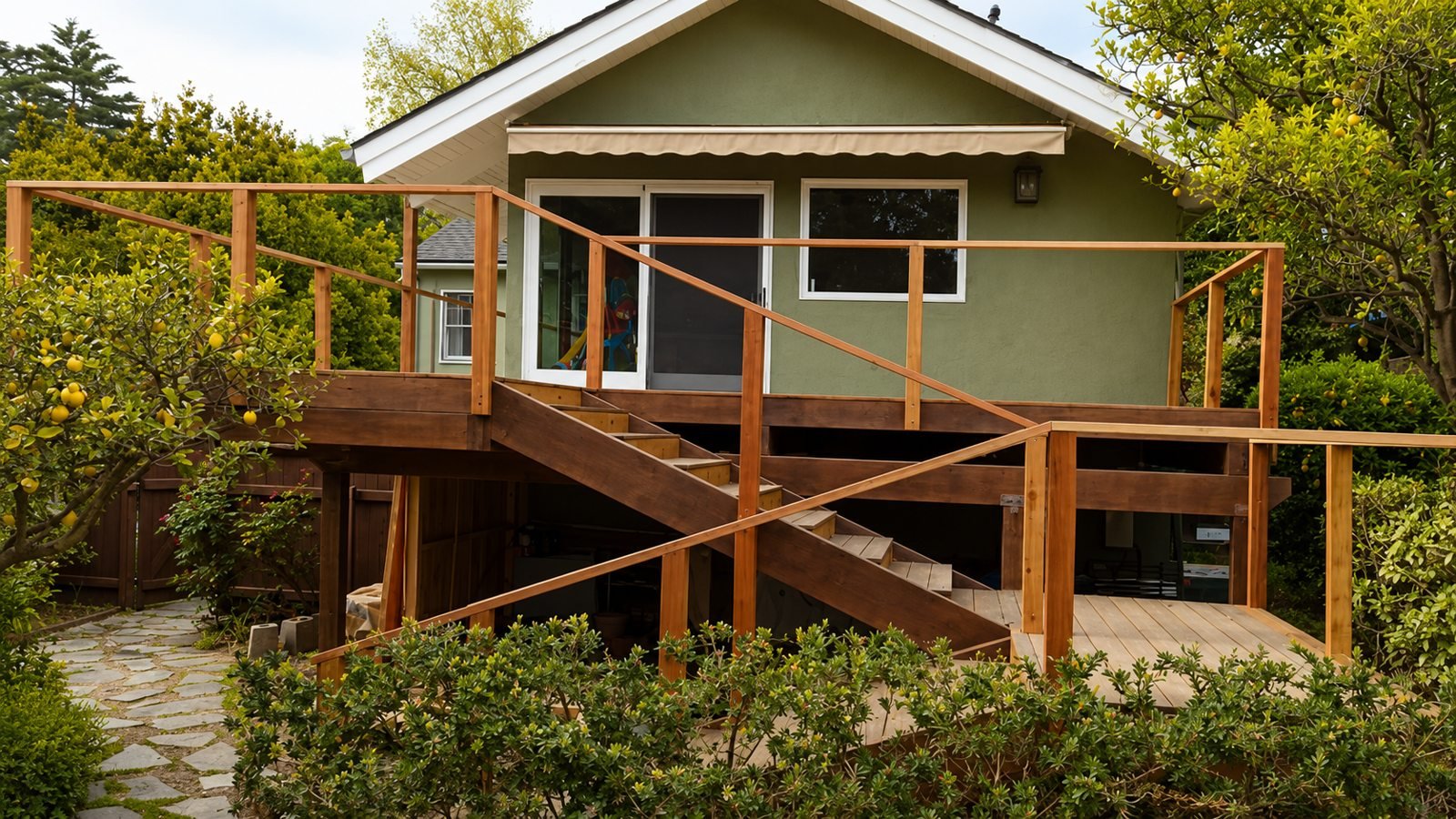 Rebuilt backyard deck attached to Pasadena home, wood railing with stainless cable