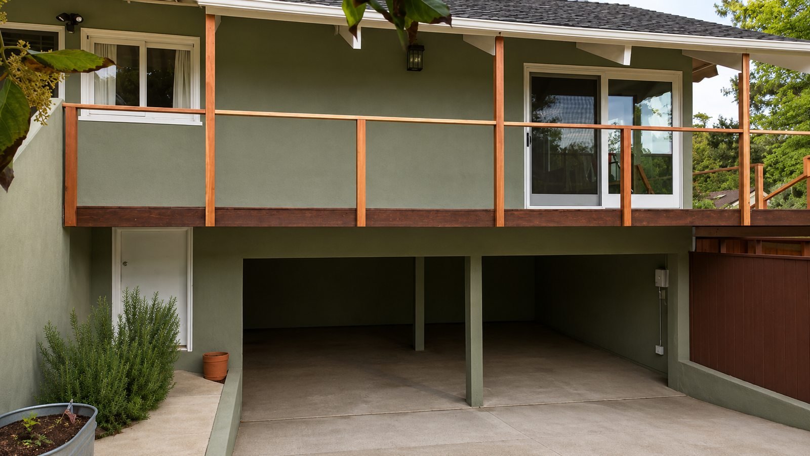 Exterior view of rebuilt balcony deck over carport — Pasadena