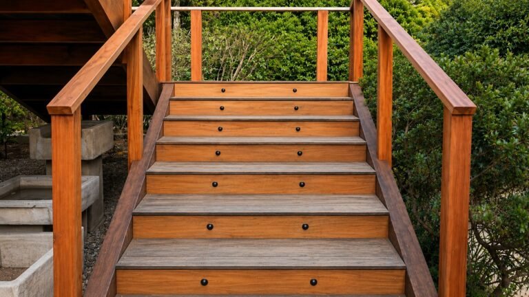 New hardwood deck stairs with riser lights — Pasadena