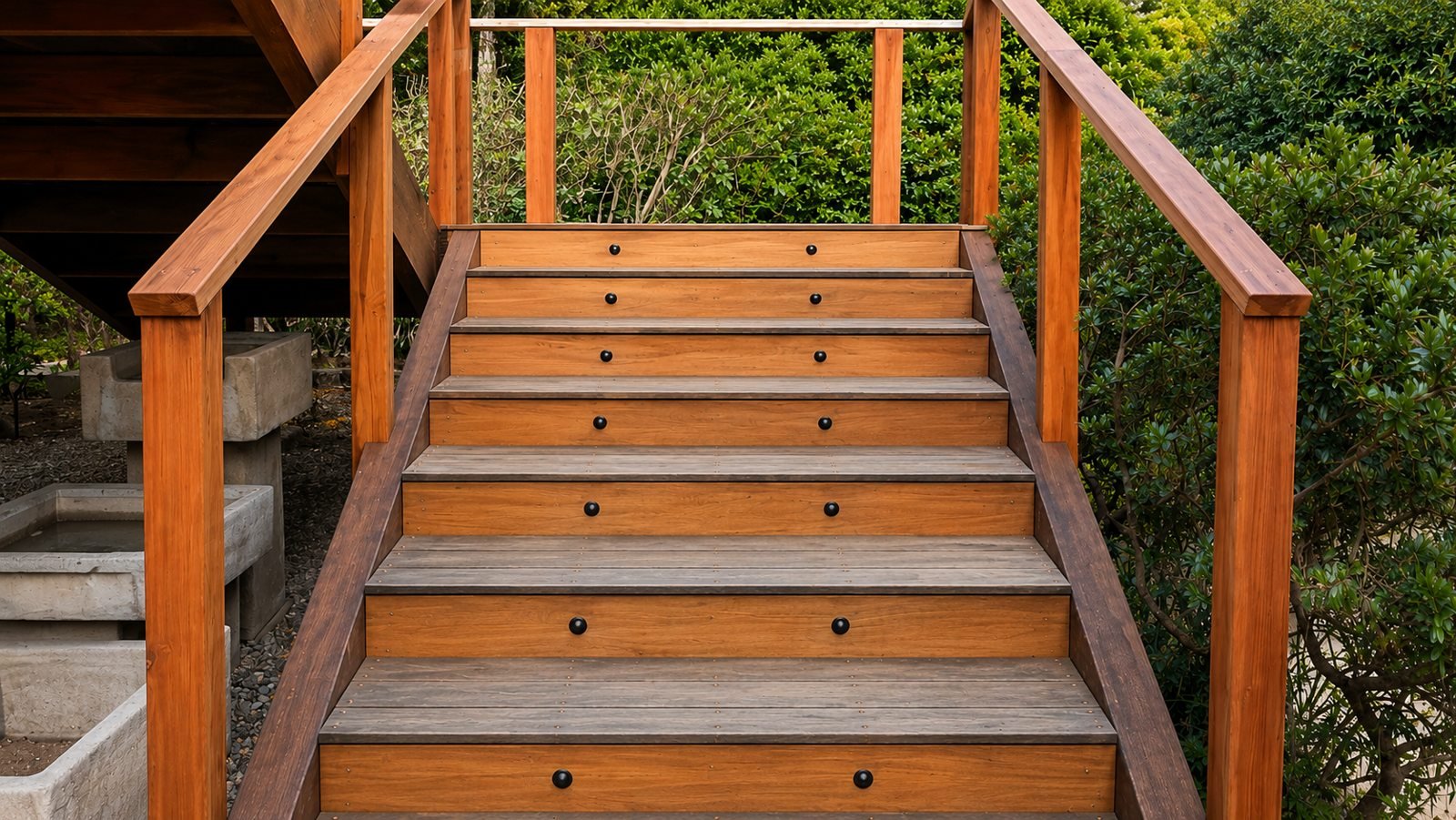 New hardwood deck stairs with riser lights — Pasadena