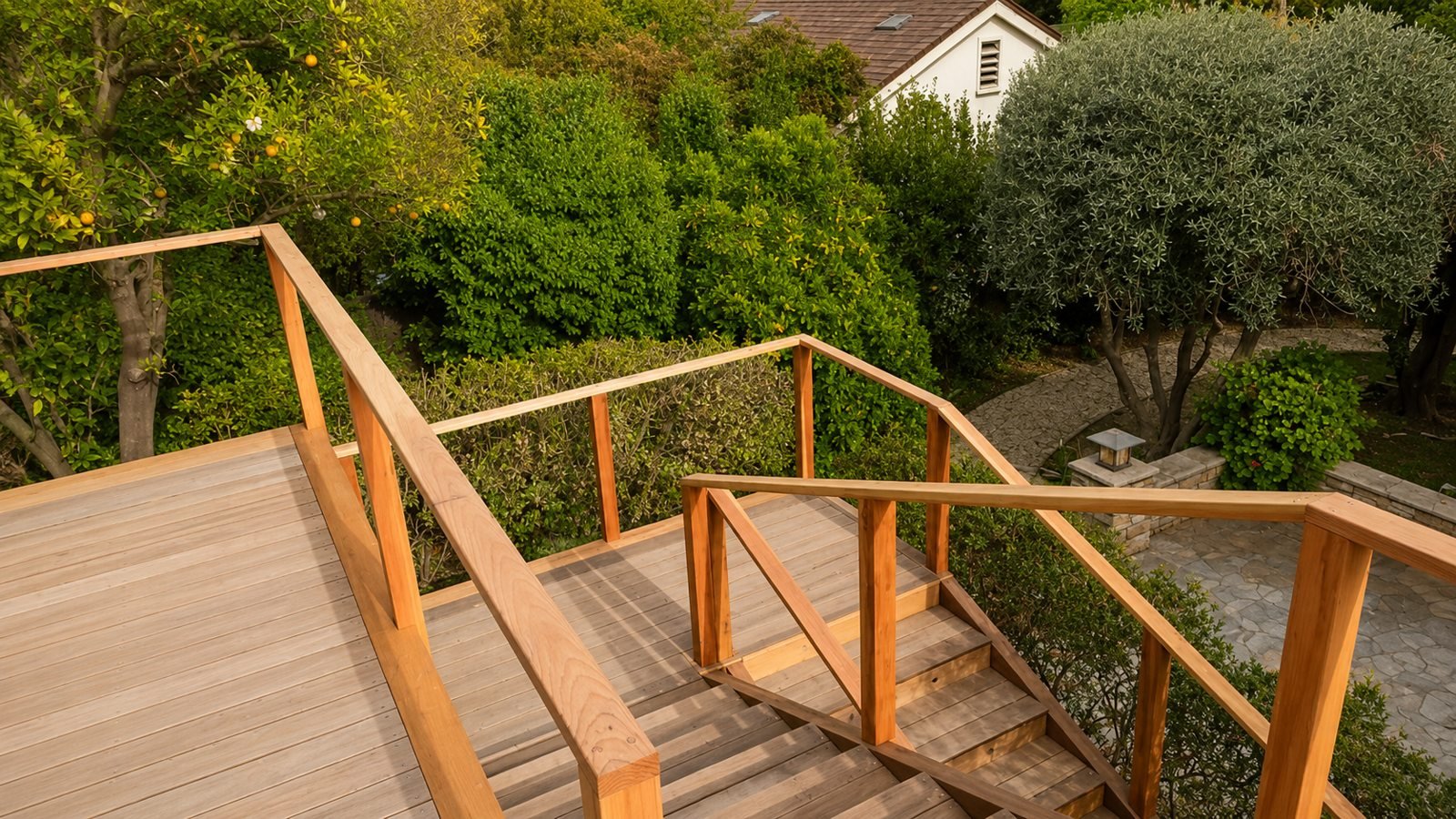 Looking down the rebuilt deck stairs to the garden — Pasadena