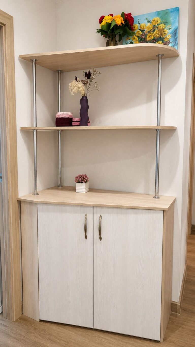 Custom entry hall shelving with chrome support poles and light wood shelves — ProHands Los Angeles