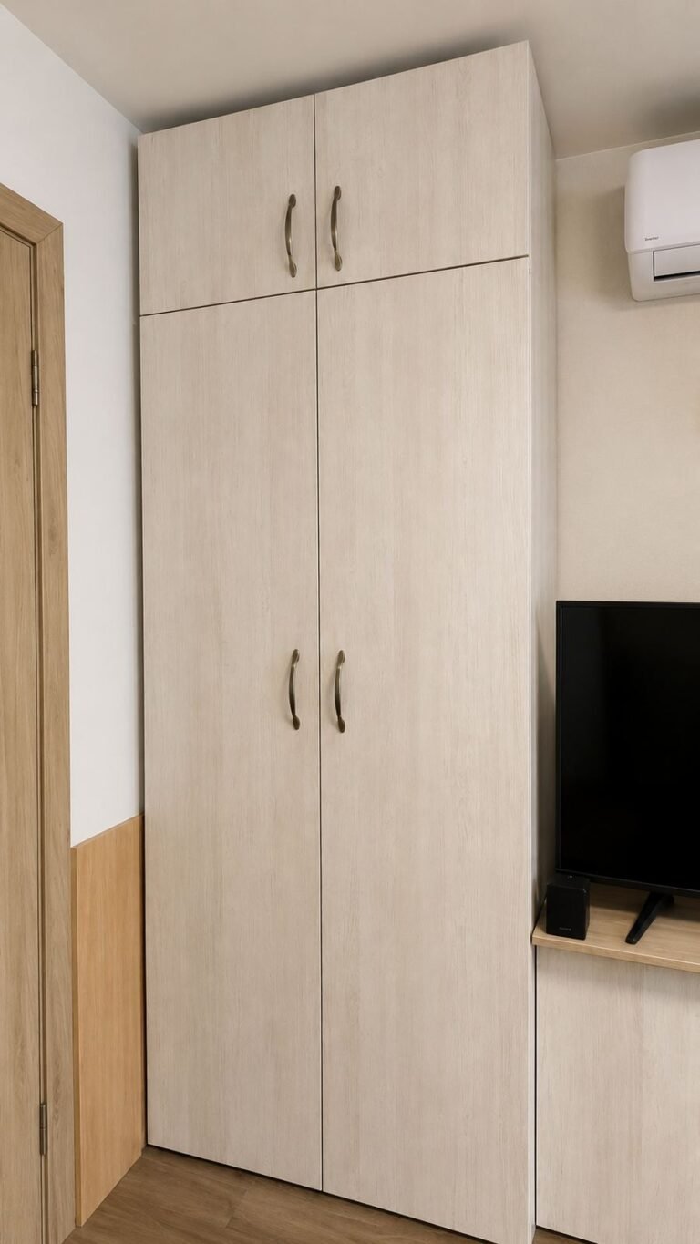 Ceiling-height custom wardrobe cabinet next to media area in Los Angeles apartment — ProHands