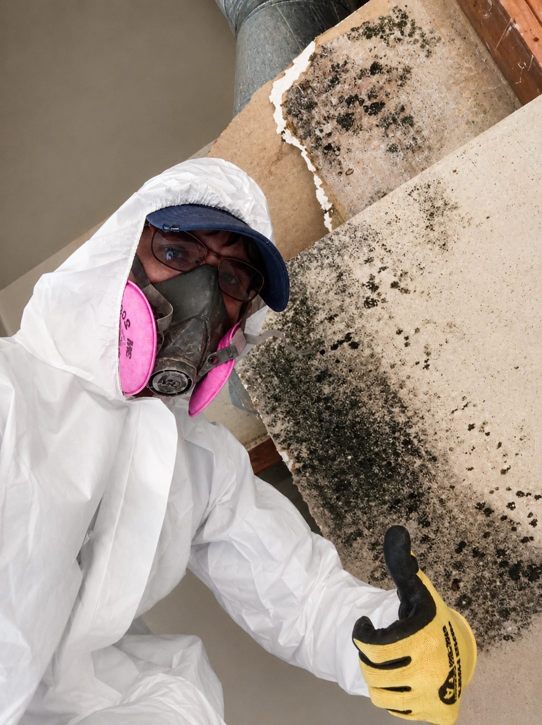 ProHands owner Alex in full PPE next to mold-contaminated drywall in Los Angeles