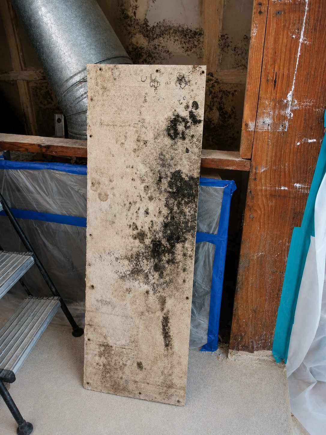 Black mold contamination on a drywall panel and framing behind an HVAC duct in a Los Angeles home