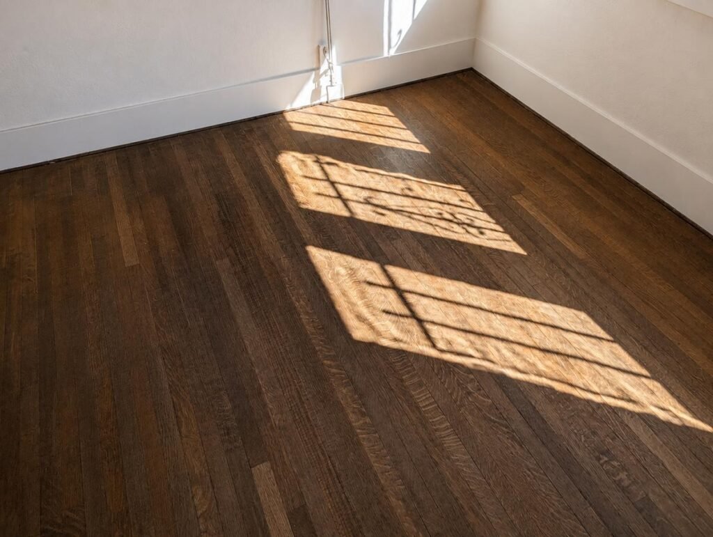 Restored oak parquet floor in Los Angeles home with dark stain and sun beam through window — ProHands