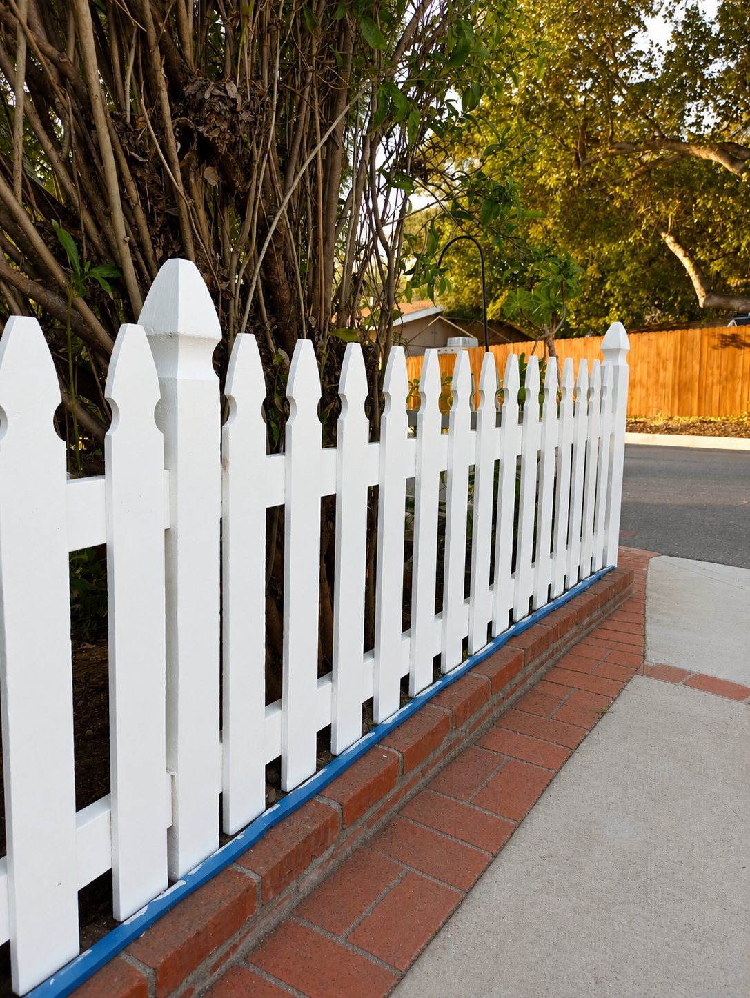 Classic white wood picket fence with French Gothic caps installed by ProHands in Los Angeles