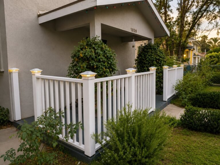 White vinyl porch gate installation, Burbank CA