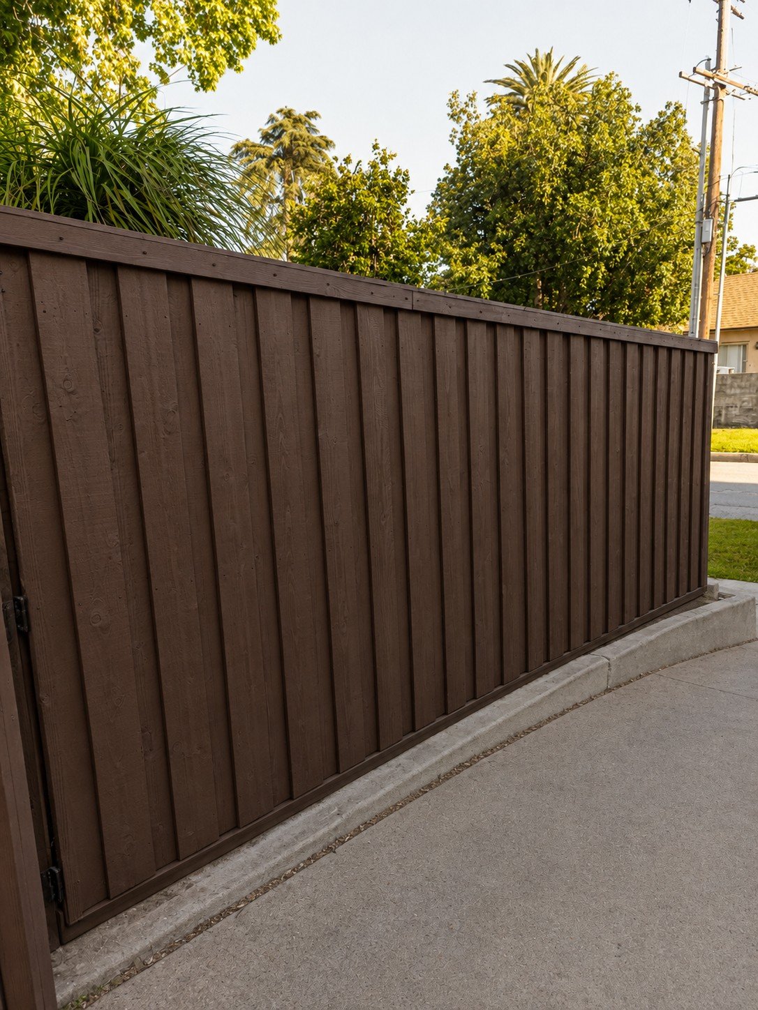Espresso-stained board-and-batten fence beside the driveway — continuous run with gate return, cap top and kickboard — ProHands Los Angeles