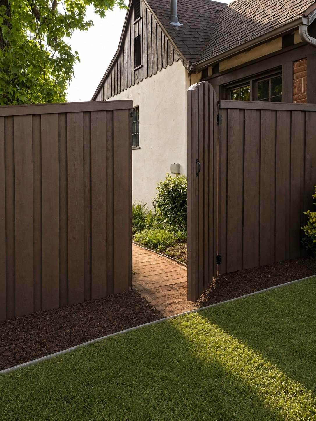 Open custom arched gate in espresso-stained board-and-batten fence at a Tudor Revival home — brick pathway leading into the courtyard — ProHands Los Angeles