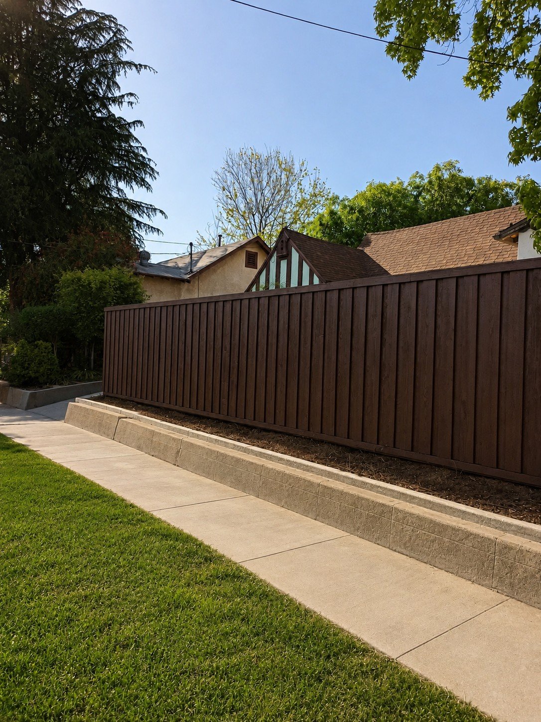 Espresso board-and-batten fence installed on top of a poured concrete retaining wall / raised planter along the sidewalk — ProHands Los Angeles