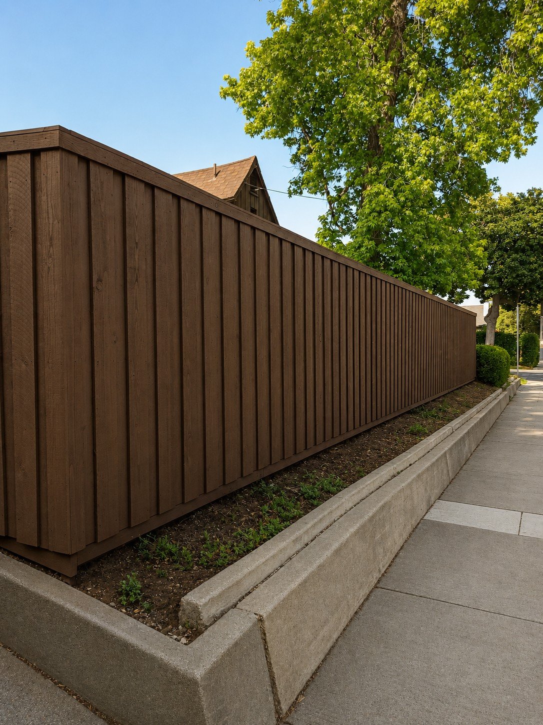 Custom board-and-batten fence for a Tudor Revival home — espresso stain, hand-cut arched gates, ProHands Los Angeles