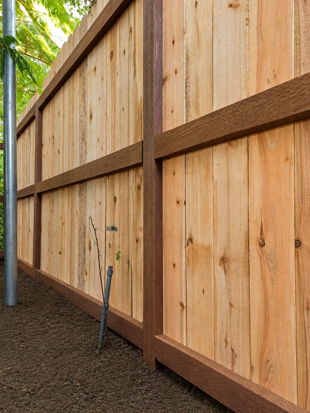 Natural cedar privacy fence with dark-stained horizontal rails and post frame — vertical plank field, dog-ear picket tops — ProHands Los Angeles