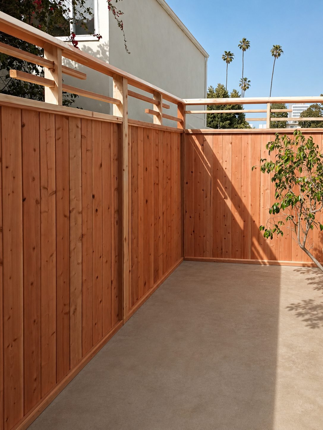 Redwood privacy fence side view along a Santa Monica alley — panel plus open-slat top design, ProHands Los Angeles— natural redwood tongue-and-groove panels with horizontal open-slat top — modernist blue stucco townhouse in Santa Monica, ProHands Los Angeles
