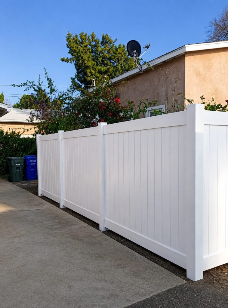 White vinyl privacy fence installation along a side yard driveway with tall panels — ProHands Home Improvement Los Angeles
