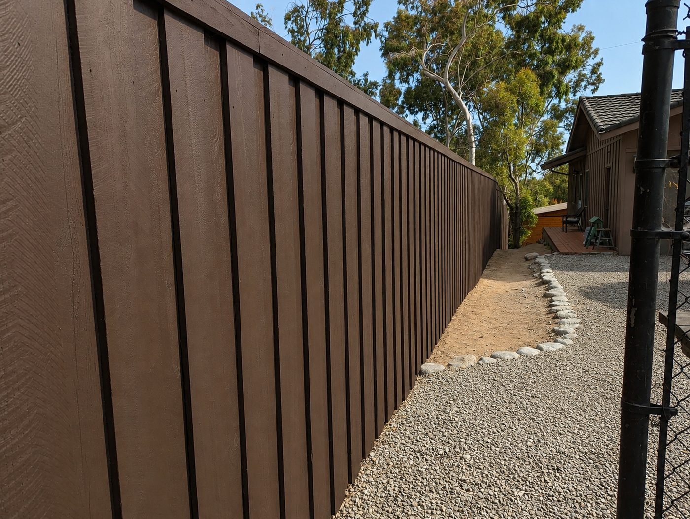 New board-and-batten cedar fence installation along a side yard gravel path — deep chocolate brown stain — ProHands Home Improvement Los Angeles