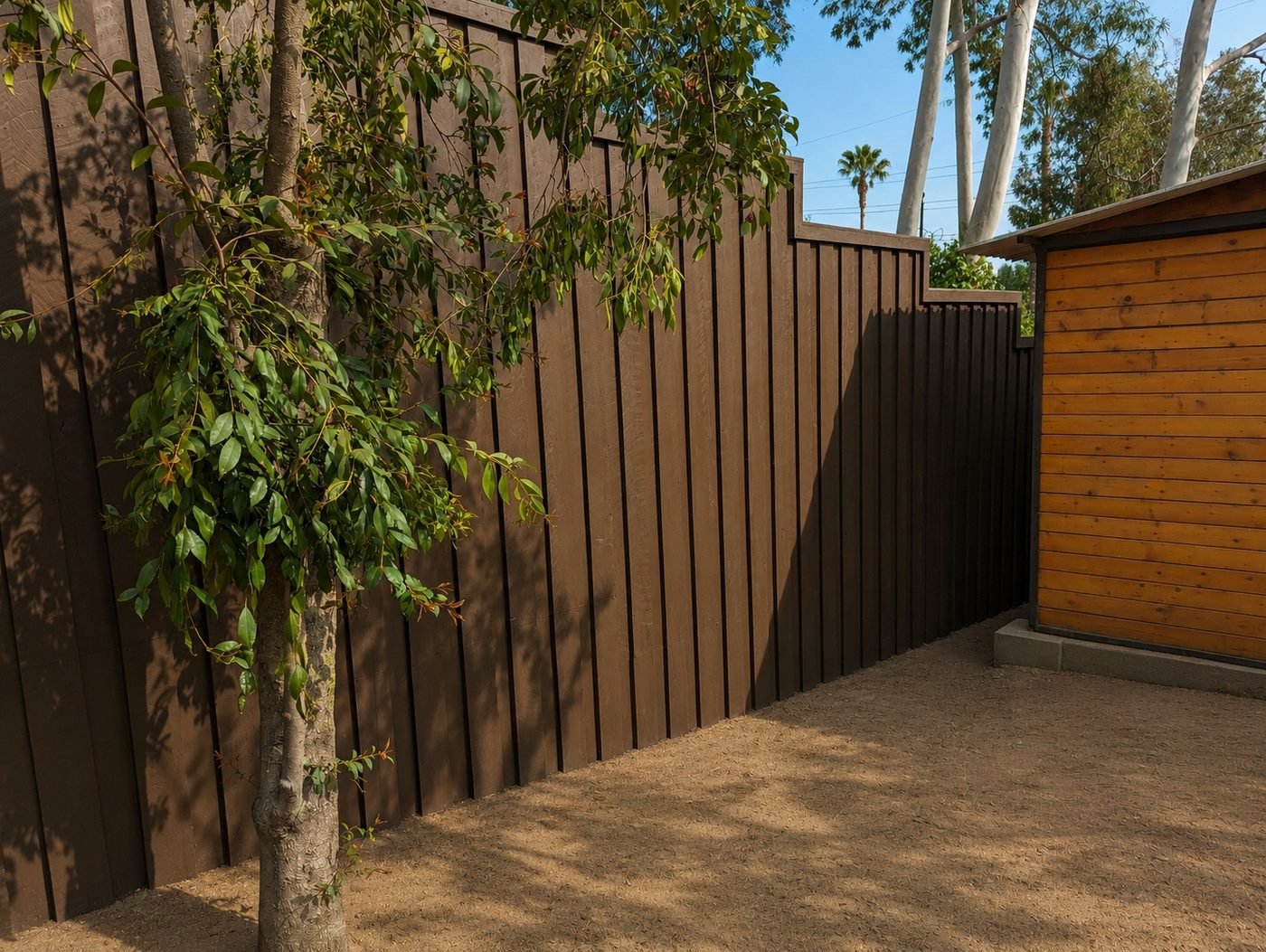 Stepped top rail on new board-and-batten cedar fence — dark chocolate stain finish following the property line grade — ProHands Los Angeles